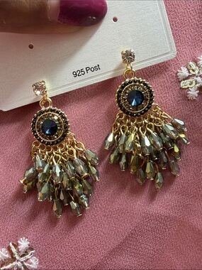 Gold-Tone Blue Crystal Tassel Earrings - Women Jewelry